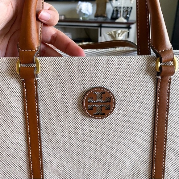 Tory Burch Blake Jumbo Tote Bag Canvas Leather Trim Neutral Cream Brown Cuoio - Picture 2 of 8
